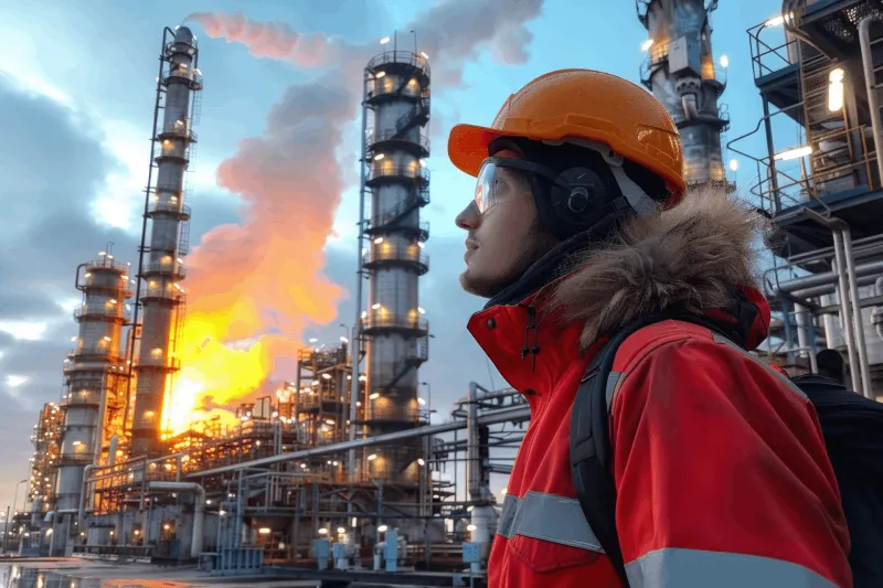 Industrial worker in orange hardhat and red safety jacket observing a refinery plant with large flames and tall towers at dusk.