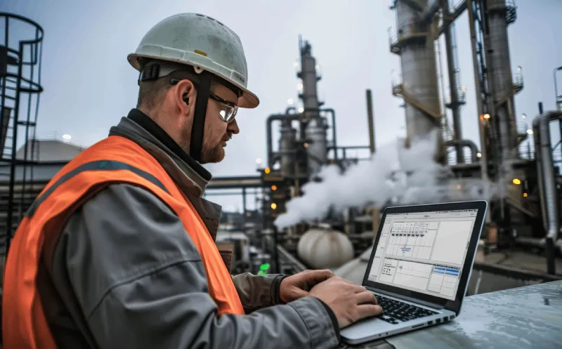 Industrial worker in safety helmet and orange vest using a laptop at a refinery with steam and metal structures in the background.