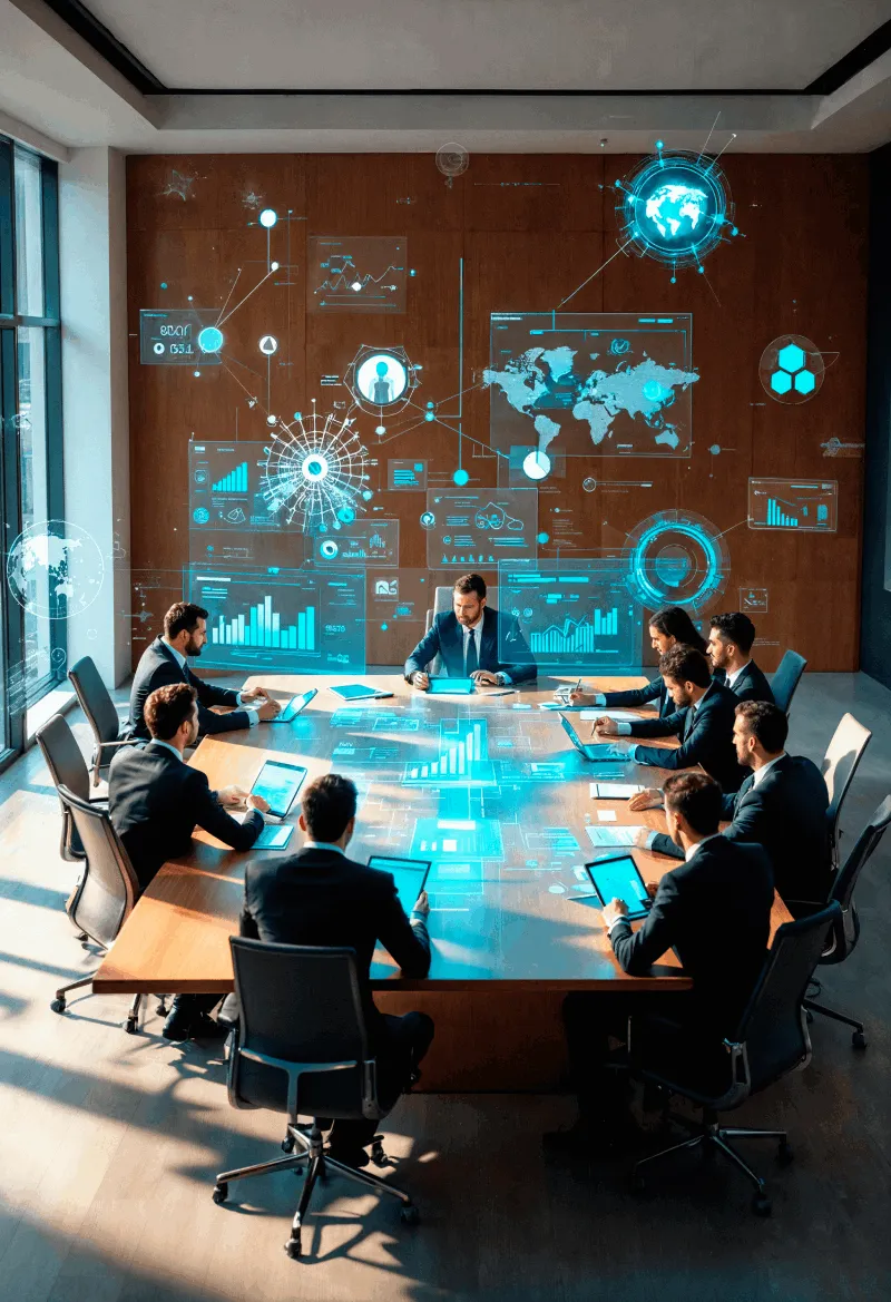Business team in suits meeting around a conference table with futuristic digital data and world maps holograms projected above and on the table.