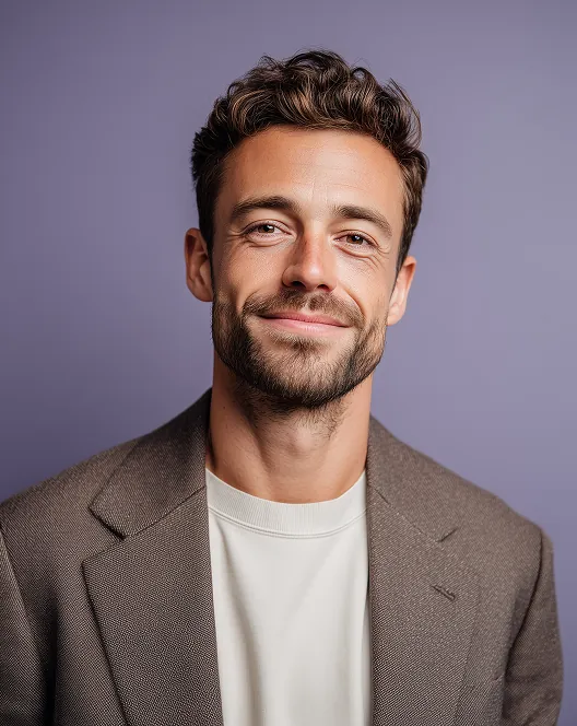 Smiling man with short curly hair, beard, wearing a brown blazer over a white shirt against a purple background.