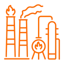Orange icon of an oil refinery with smokestacks emitting smoke.
