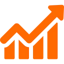Orange line chart with an upward trending arrow above three increasing vertical bars.