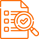 Icon of an orange document with checkboxes and a magnifying glass highlighting a checkmark.
