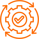 Orange gear icon with a checkmark inside it on a transparent background.