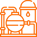 Icon depicting oil refinery with tanks and a flame symbol in orange.