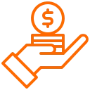 Orange outline icon of a hand holding a coin with a dollar sign.