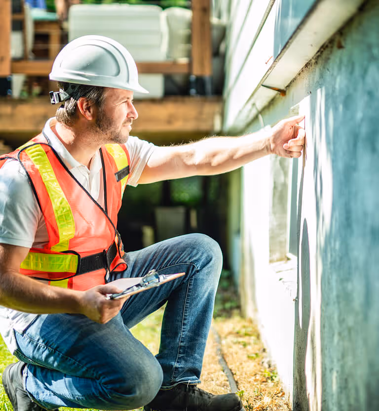 Close-up of a house foundation protected by a properly installed gutter system and downspout.