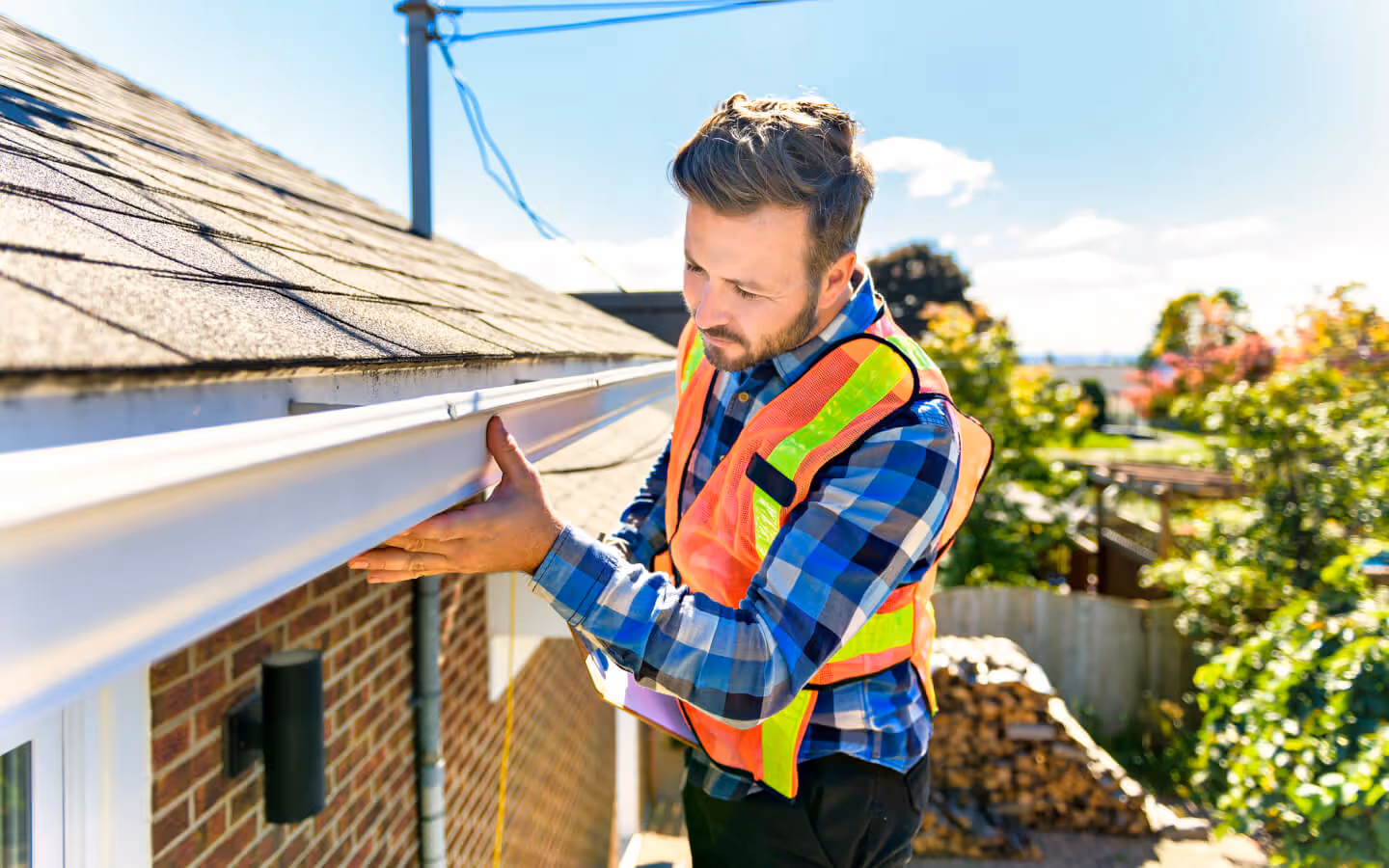 Professional gutter service crew performing maintenance on a residential home in Middlesex County.