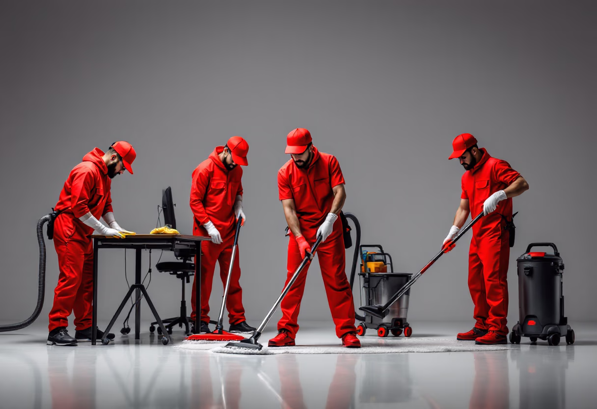 cleaning team in a spacious, modern office