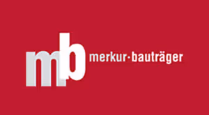 Logo von Merkur Bauträger mit den Buchstaben mb vor rotem Hintergrund.