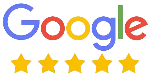 Google-Schriftzug mit fünf gelben Sternen als 5-Sterne-Bewertung.