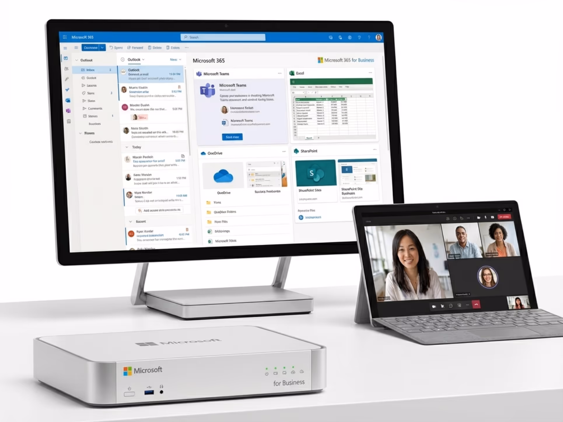 Monitor und Tablet zeigen Microsoft 365 Apps und Videoanruf auf weißem Schreibtisch mit kleinem PC.