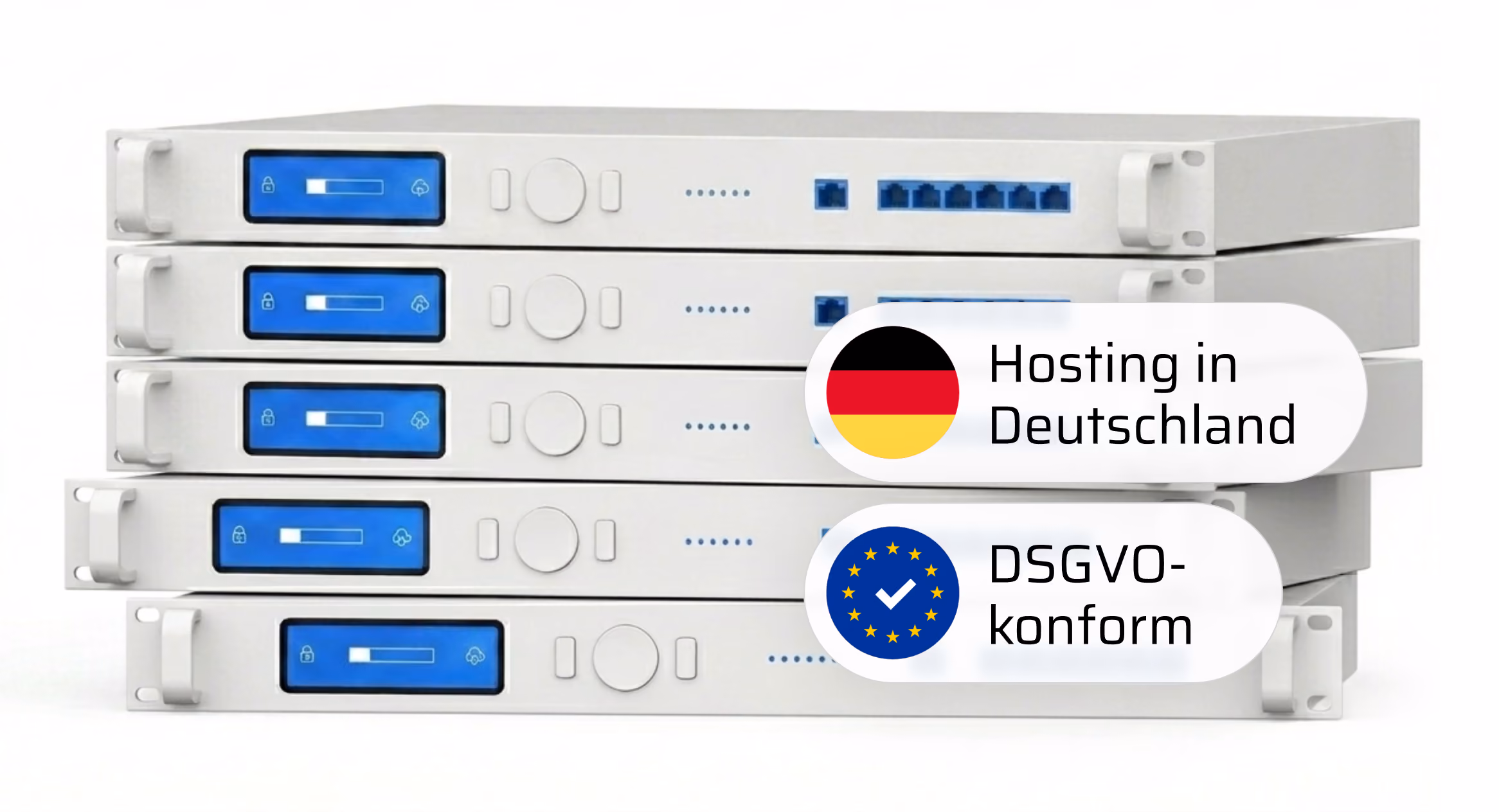 Gestapelte Server mit Symbolen für Hosting in Deutschland und DSGVO-konform.