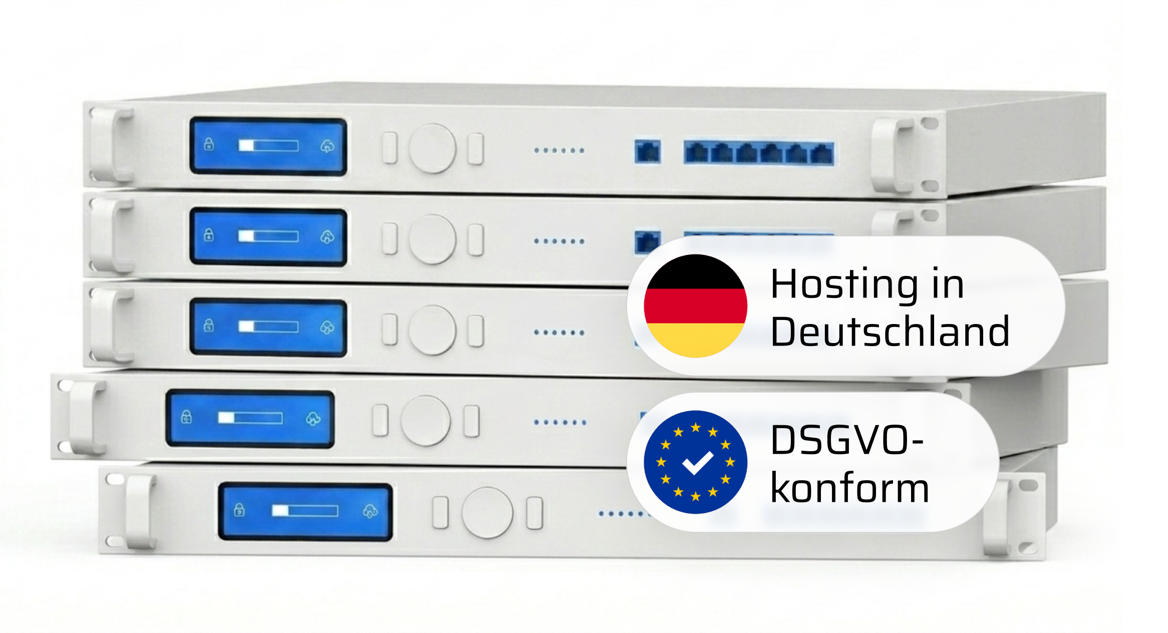 Gestapelte Server mit Symbolen für Hosting in Deutschland und DSGVO-konform.