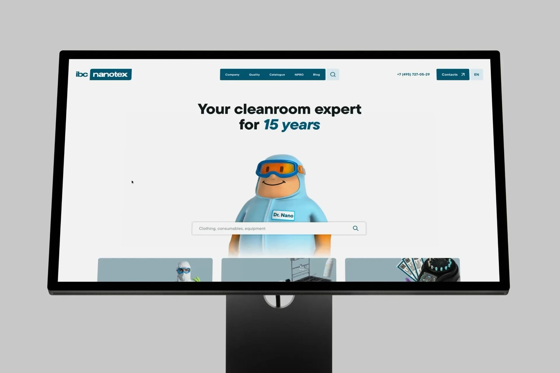 IBC Nanotex homepage with Dr. Nano on a desktop monitor