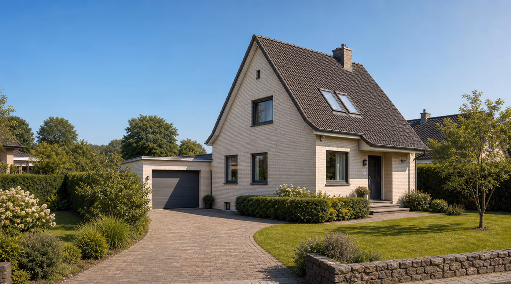 ein weißes Ein-familien-Haus mit Garten