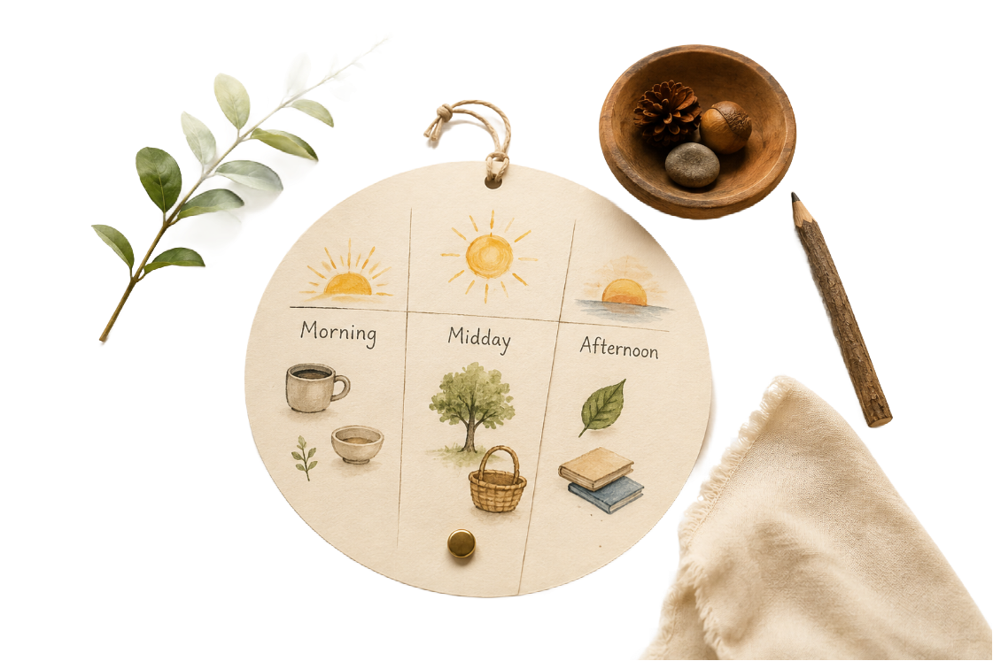 A simple rhythm wheel with natural materials representing the shape of the day