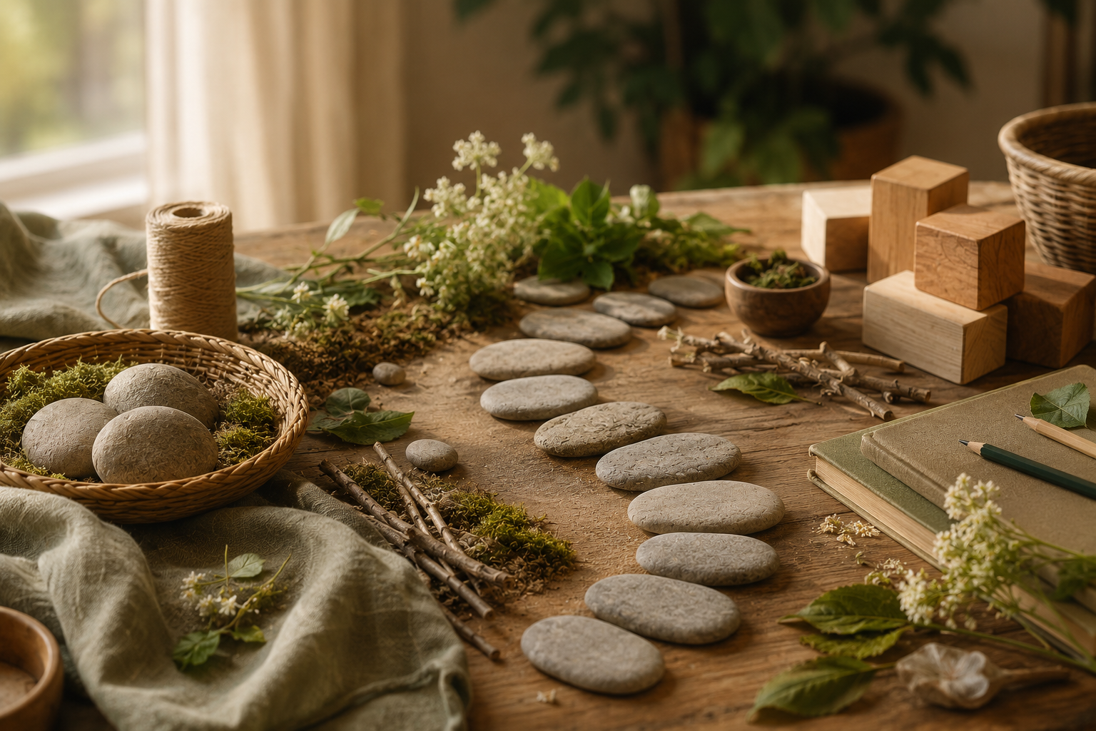 A small natural path made with stones, moss, and simple outdoor materials