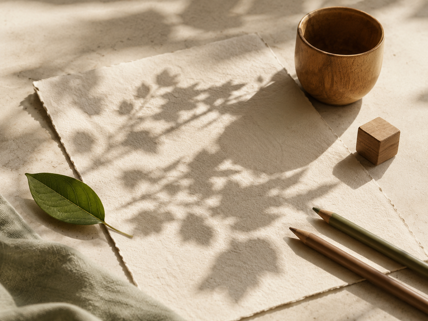 Cream paper with soft leafy shadows, wooden objects, a green leaf, and natural crayons