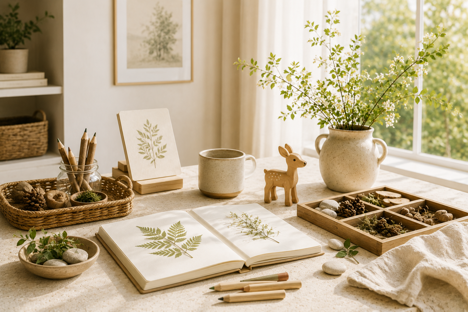 A bright nature-based early learning table with leaves, wooden objects, drawing materials, and soft window light