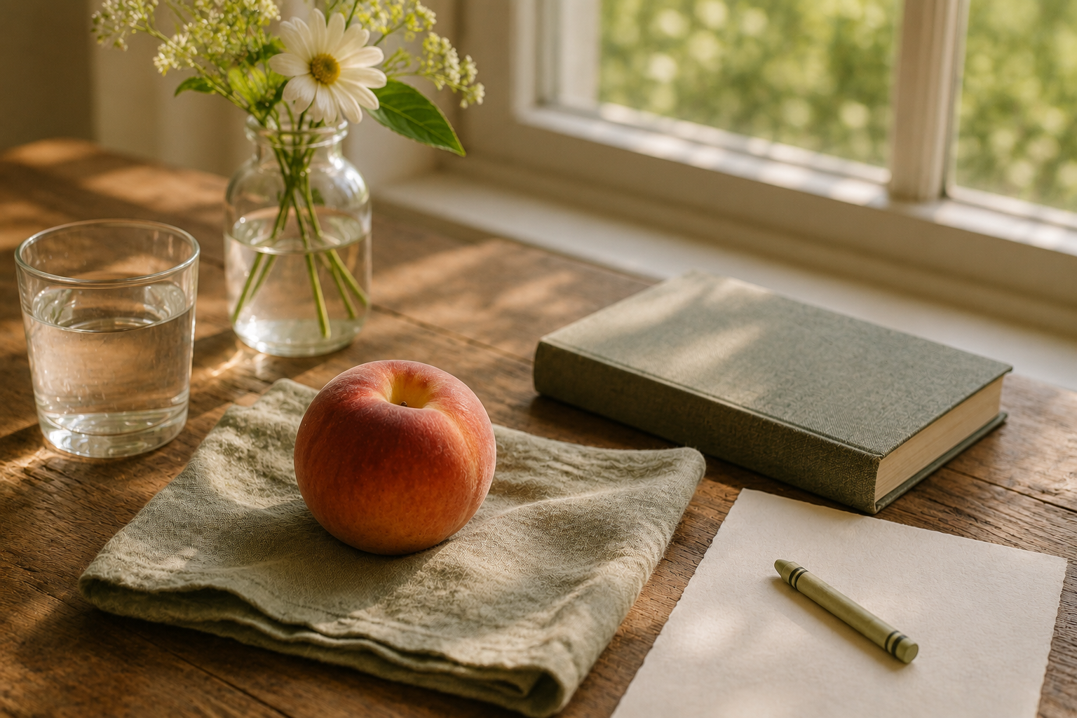 A simple summer still life with fruit, a book, a flower, and soft natural materials