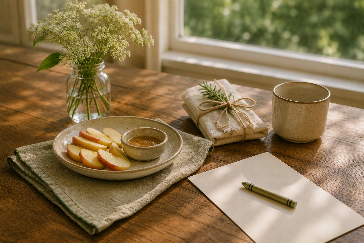A simple sharing tray with fruit, napkins, and natural summer materials