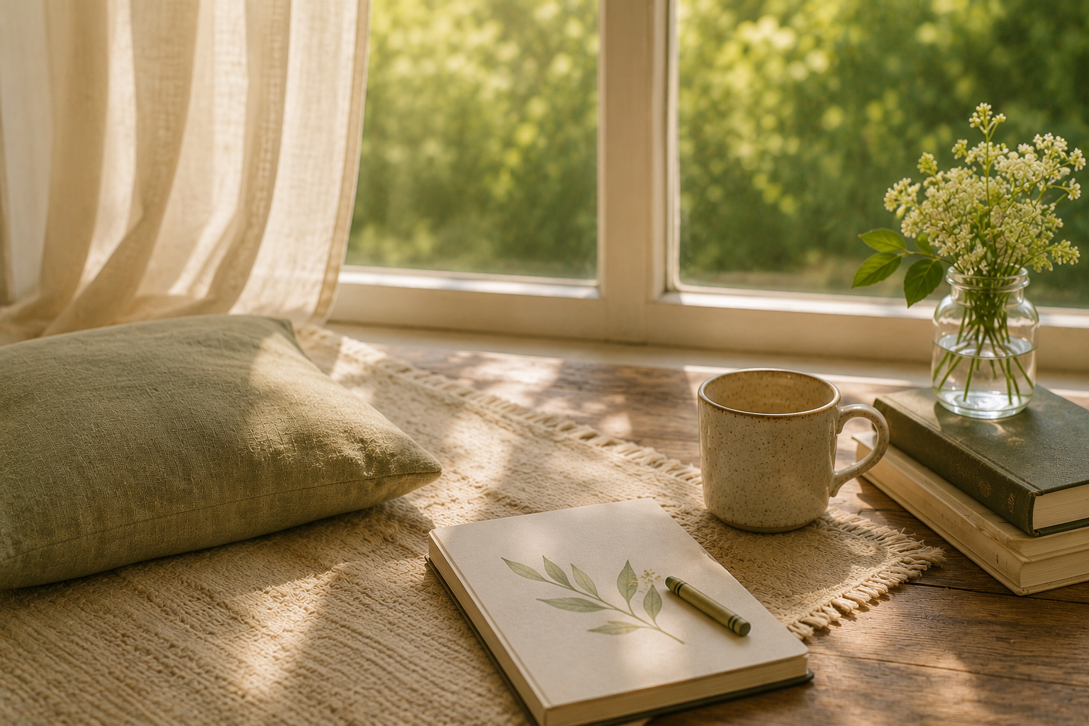 Cream paper with soft leafy shadows, wooden objects, a green leaf, and natural crayons