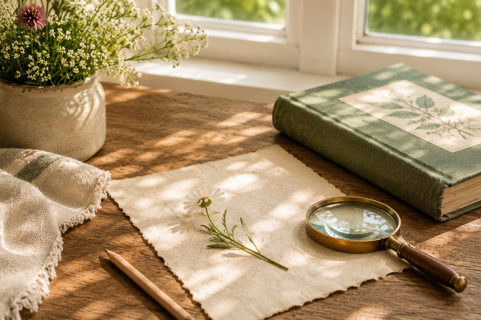 A small summer flower on cream paper with a magnifying glass, pencil, sage book, and warm window light