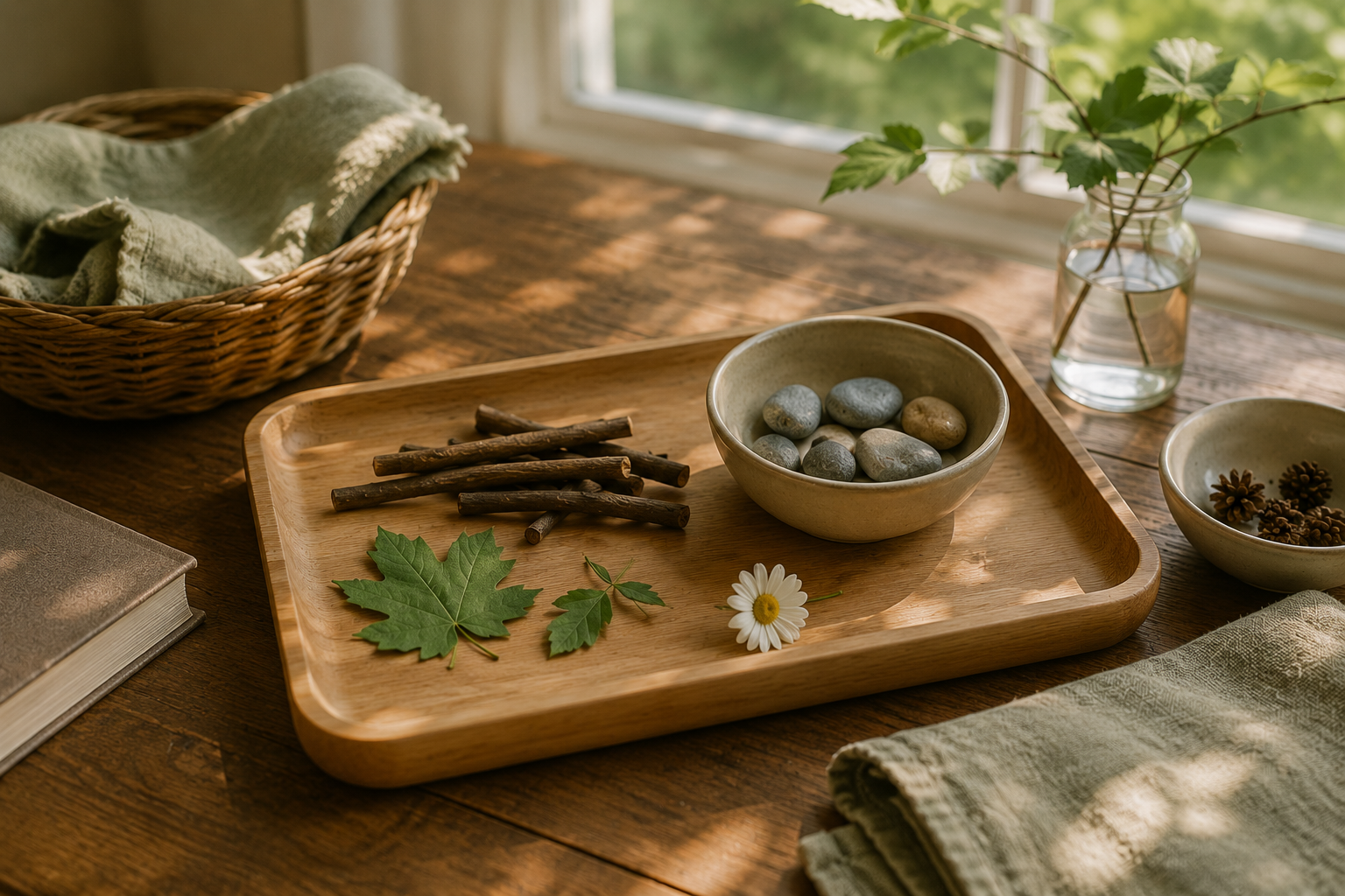 A small summer sorting tray with stones, sticks, leaves, bowls, and warm window light