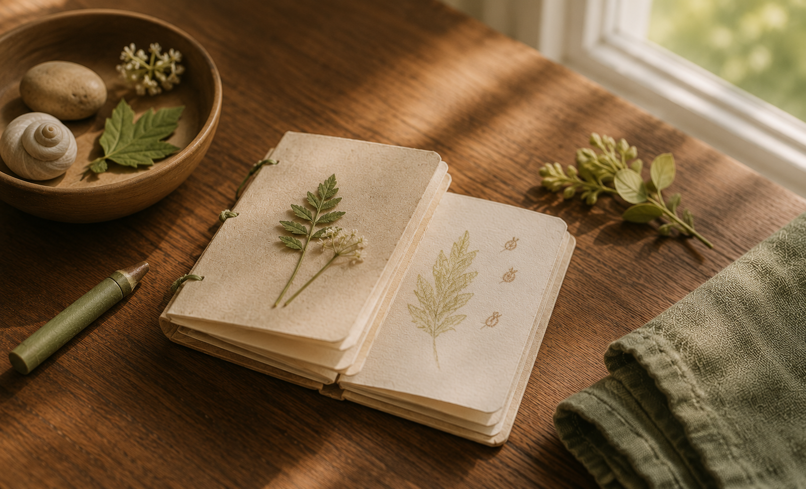 A tiny handmade summer book with cream paper, a pressed leaf, green crayon, and sage linen cloth