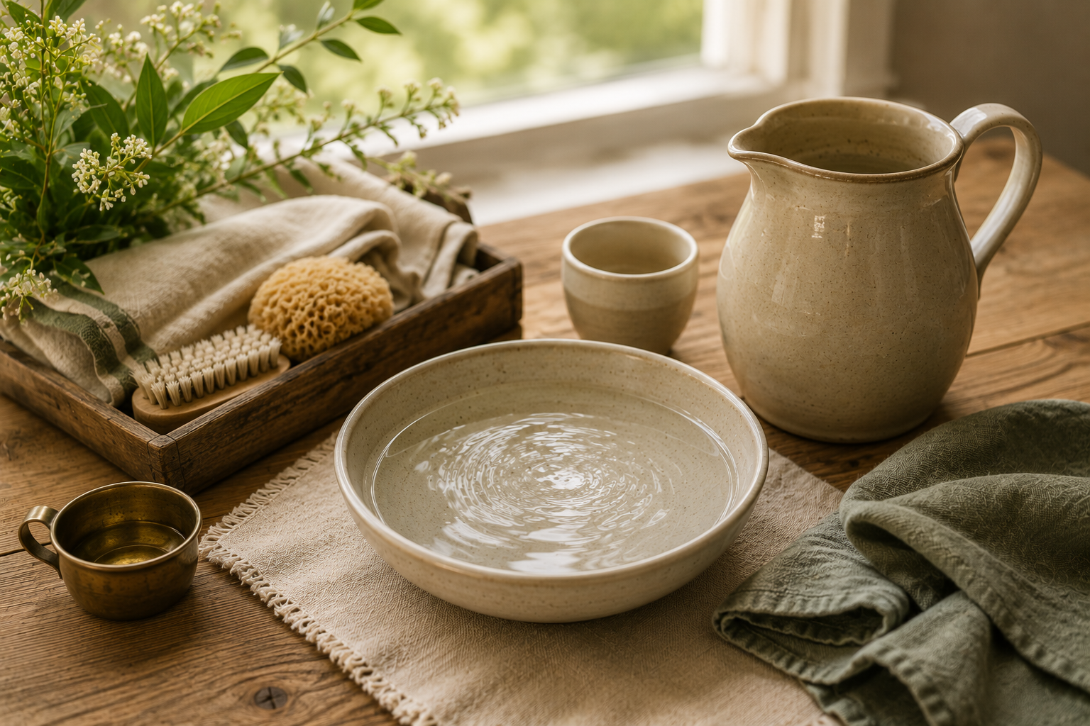 A calm water pouring setup with a small pitcher, ceramic bowl, cloth, and warm natural light