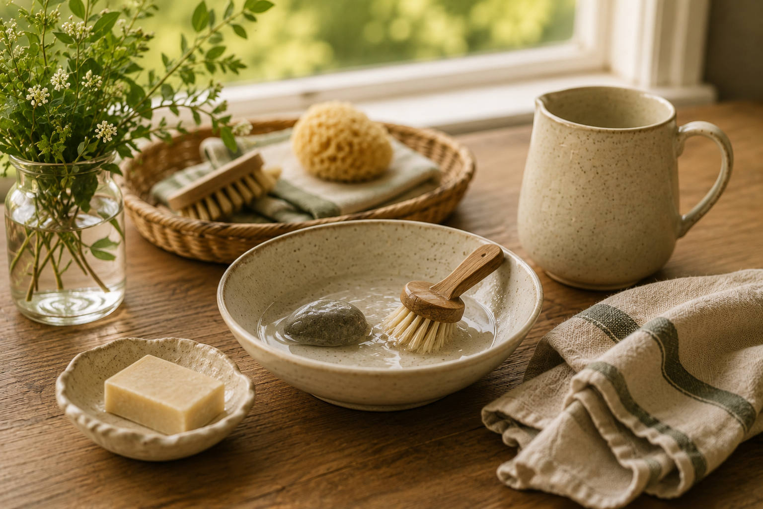 A calm washing setup with a small bowl, cloth, sponge, simple objects, and warm natural light