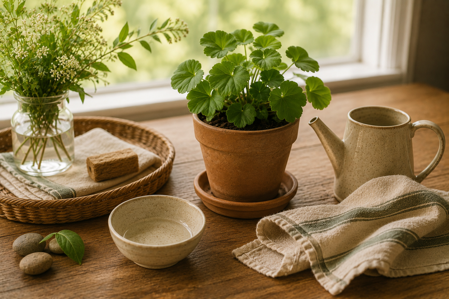 A calm plant watering setup with a small watering can, potted plant, cloth, and warm natural light