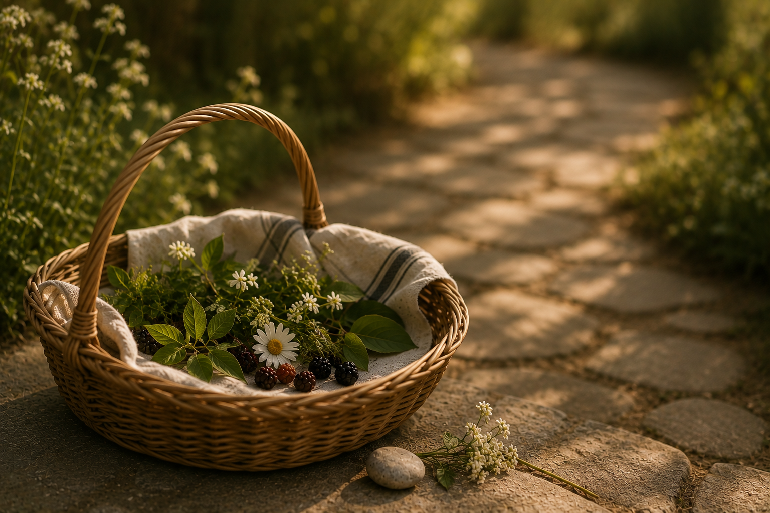 A small basket holding a few carefully gathered summer items in warm natural light