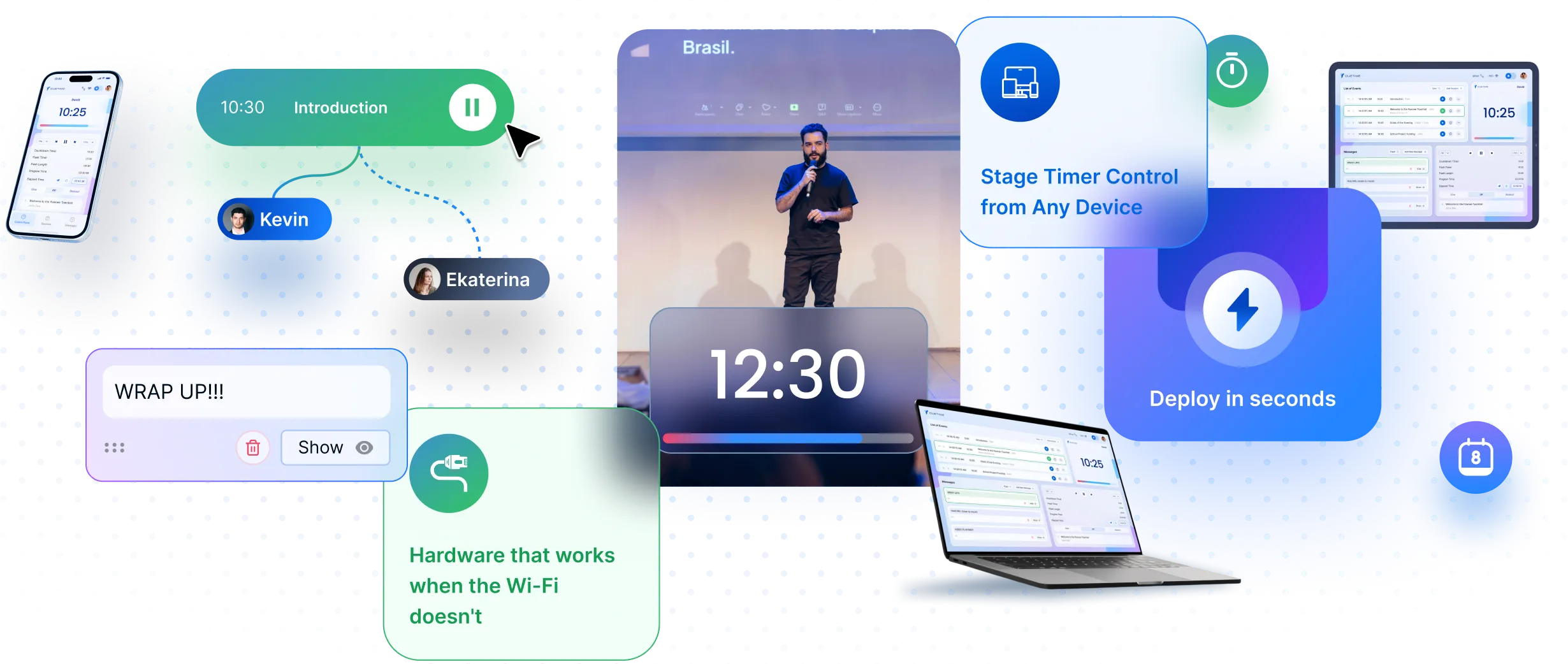 A collage of various devices with a man on the screen.