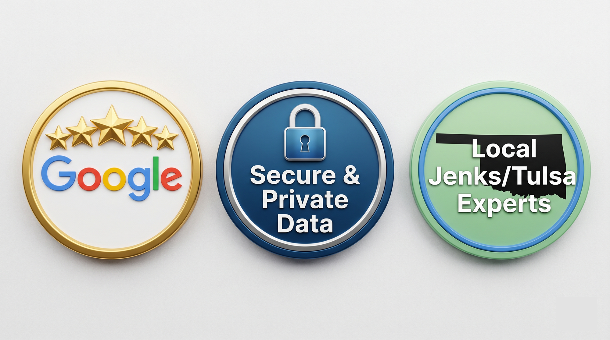 Three circular badges: a gold-bordered Google badge with five stars, a blue badge with a lock icon labeled Secure & Private Data, and a green badge with an outline of Oklahoma labeled Local Jenks/Tulsa Experts.