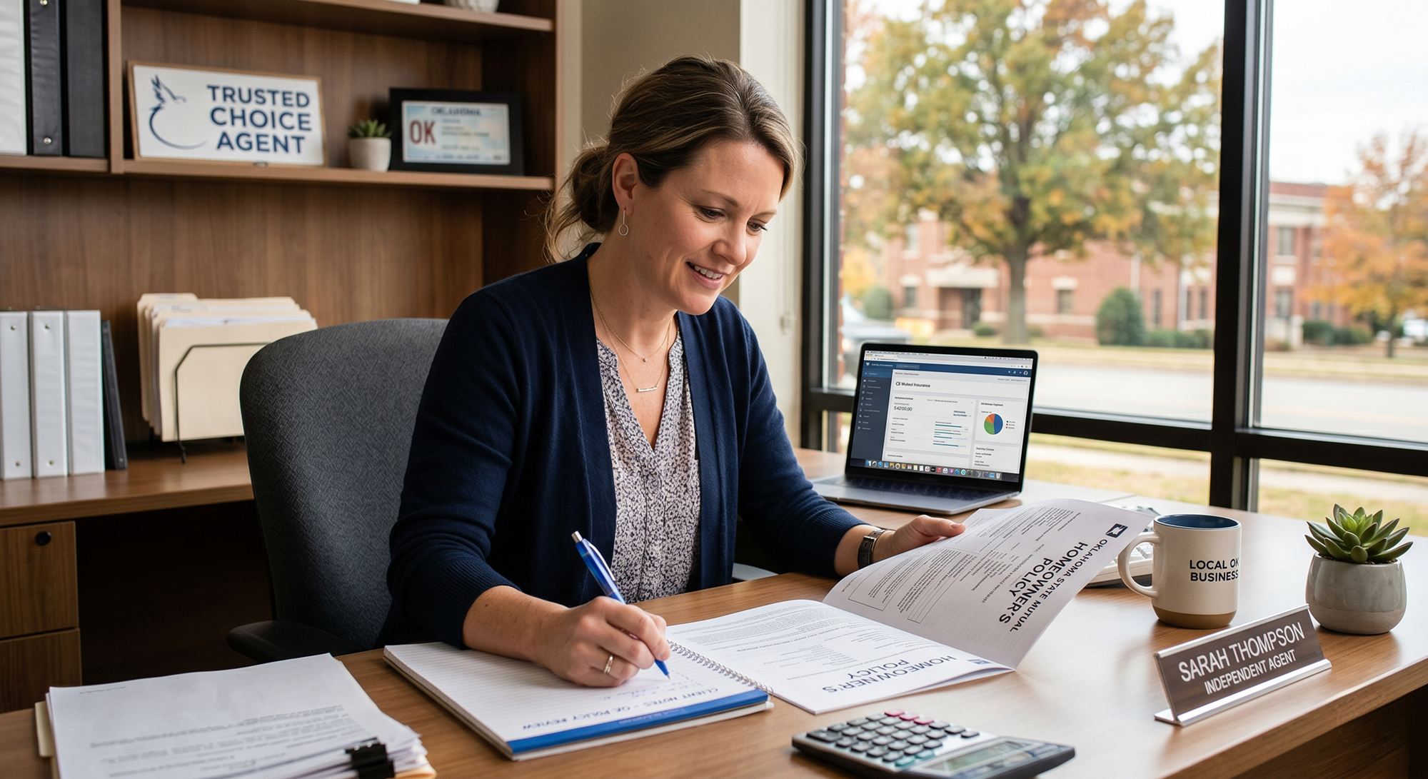 A woman at a desk reviewing and signing home insurance policy documents with a laptop and calculator nearby.