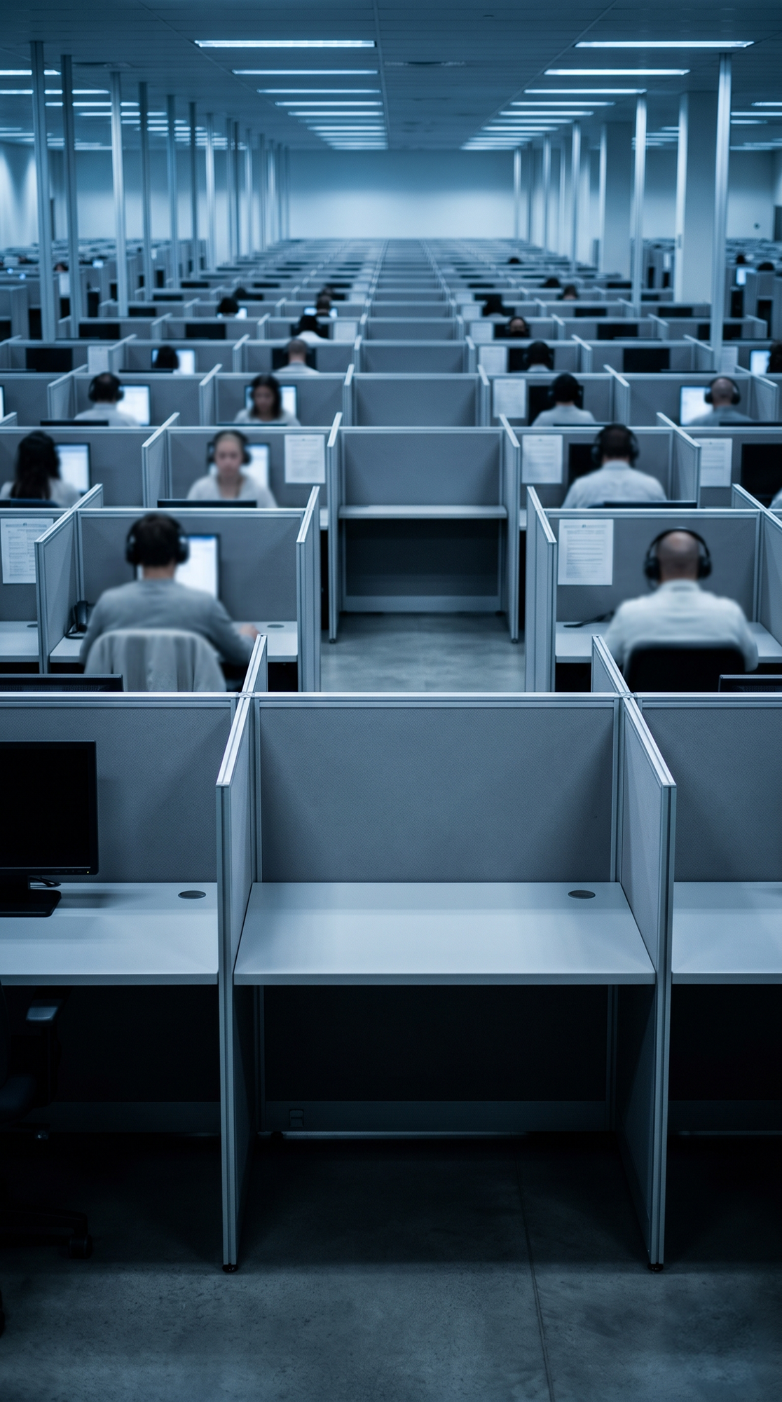 Large, dimly lit call center with rows of cubicles, some occupied by people wearing headphones.