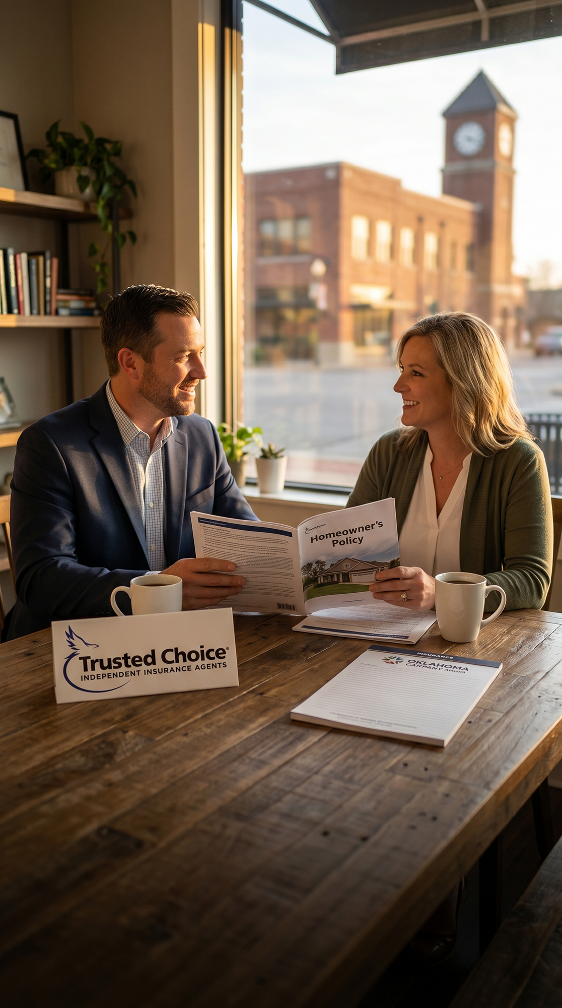 A man and a woman sitting at a wooden table by a window discussing a Homeowner's Policy brochure with coffee mugs nearby.