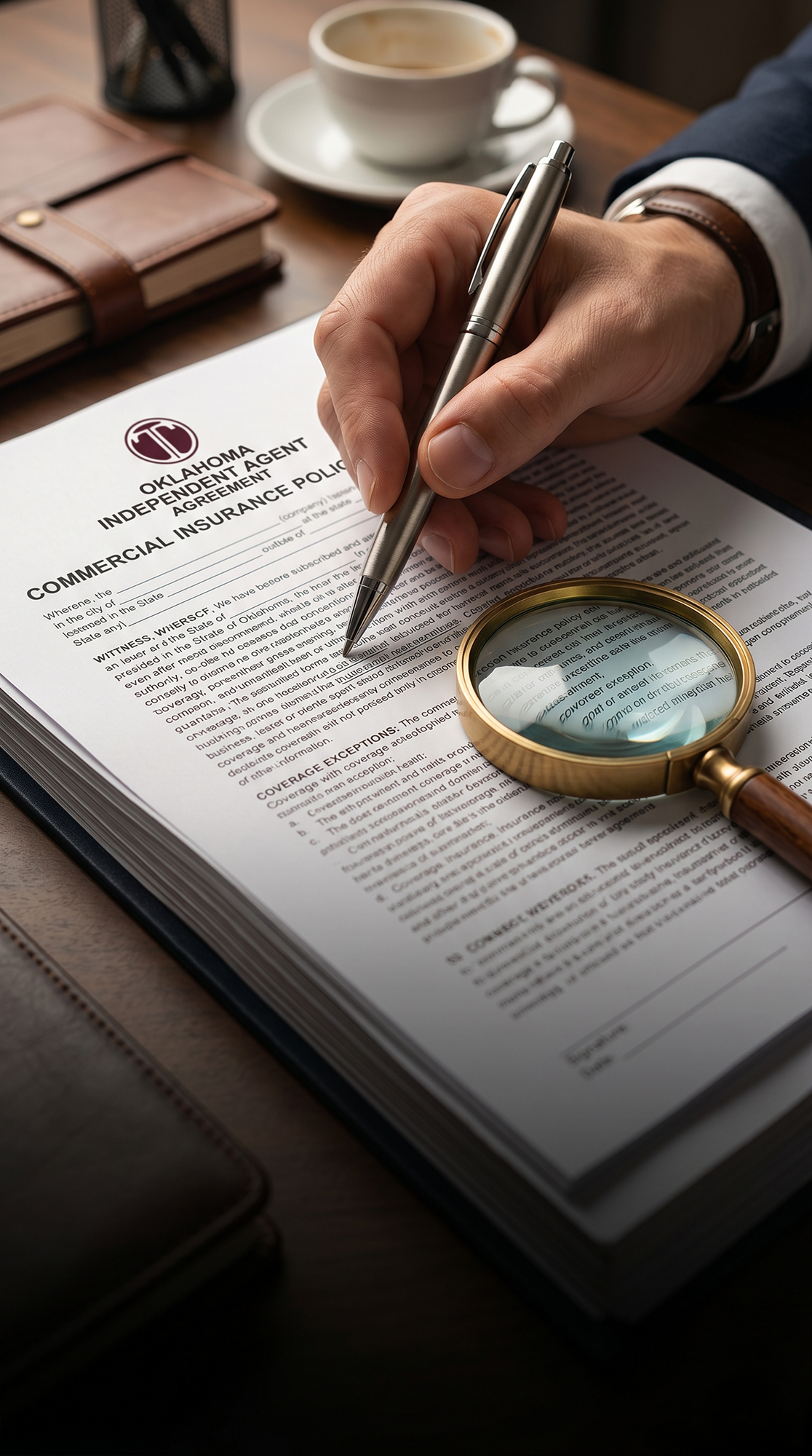 Hand holding a pen poised to sign an Oklahoma independent agent commercial insurance policy document, with a magnifying glass and a cup of coffee on the table.