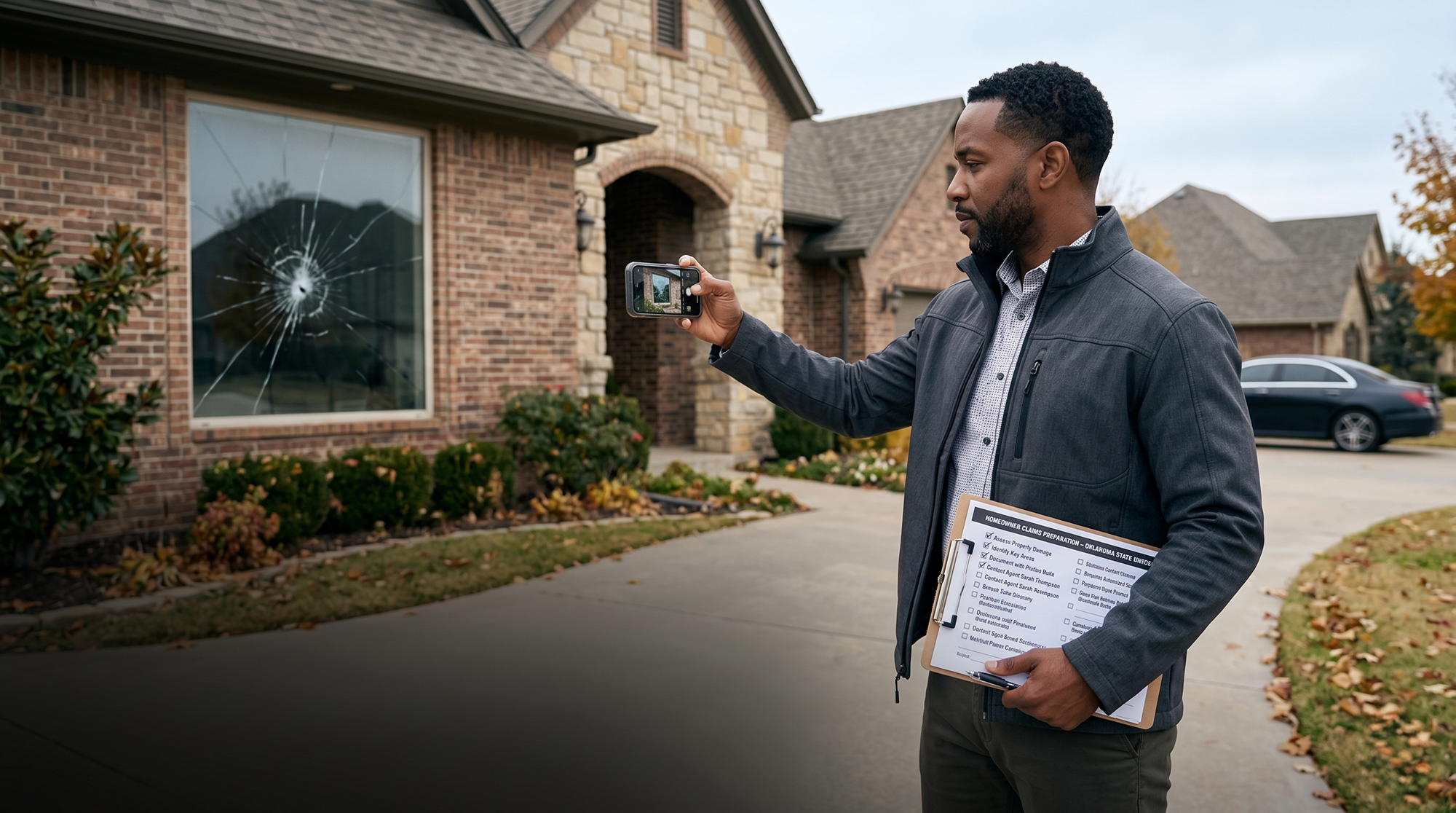 Man holding a clipboard and taking a photo of a house window with visible crack damage.