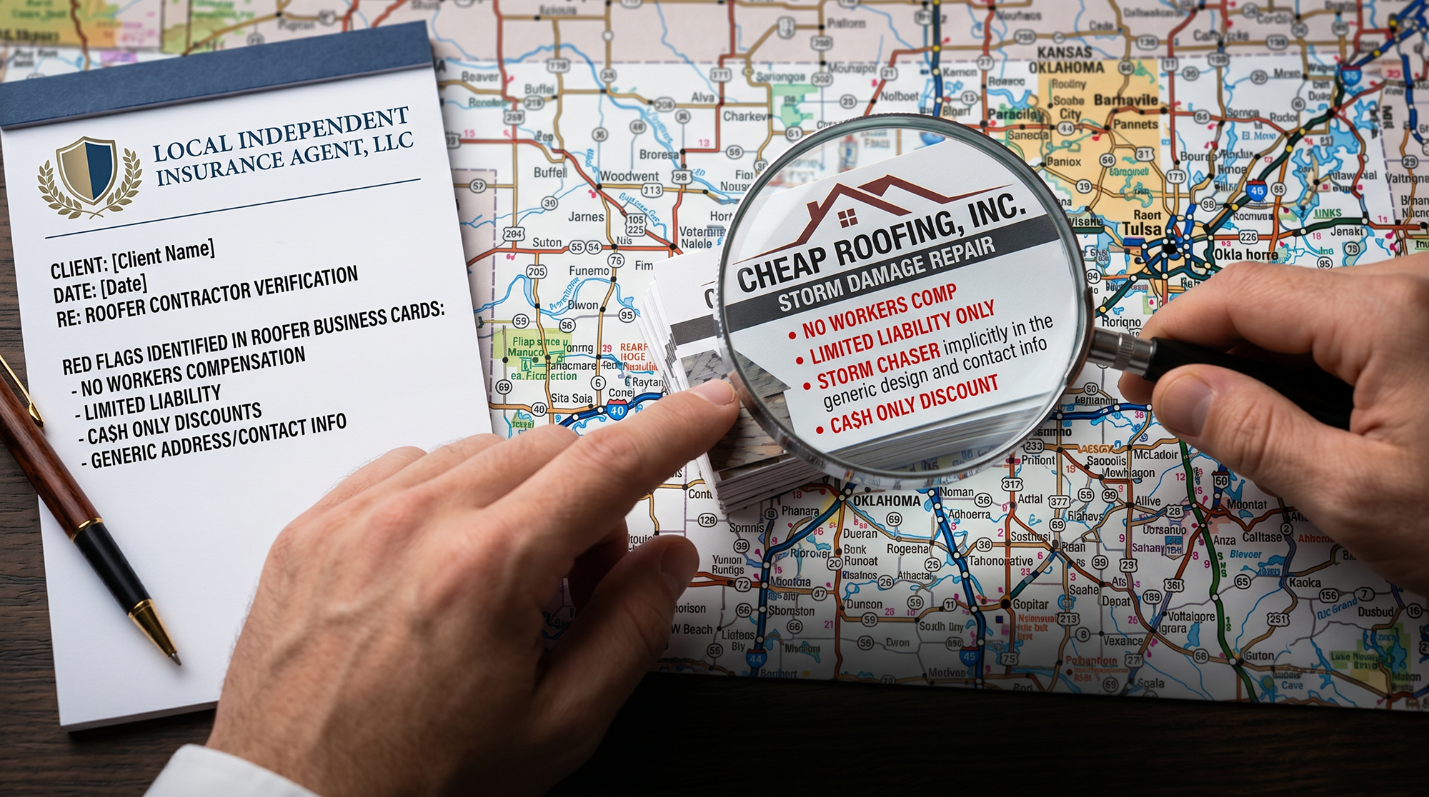 Close-up of hands holding a magnifying glass over a business card for Cheap Roofing, Inc., highlighting red flags such as no workers comp, limited liability, storm chaser, and cash only discount, next to a notepad from Local Independent Insurance Agent listing these red flags against a map background.