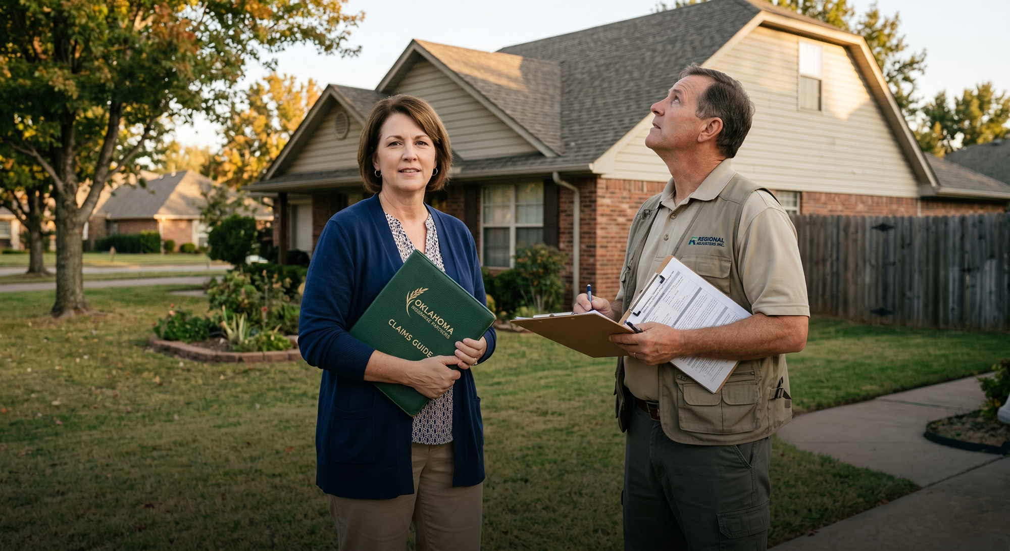 Two insurance professionals standing in a front yard, a woman holding a Claims Guide and a man looking up with a clipboard in hand.