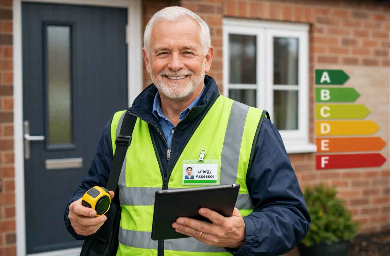 Local energy assessor carrying out an EPC inspection in front of a property in Milton Keynes