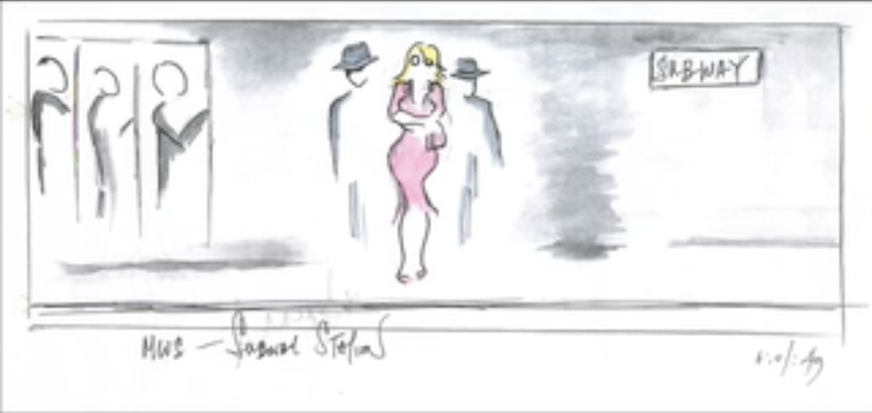 Hand drawn illustration still from music video concept woman dressed in pink standing in subway station surrounded by men in dark trench coats and hats