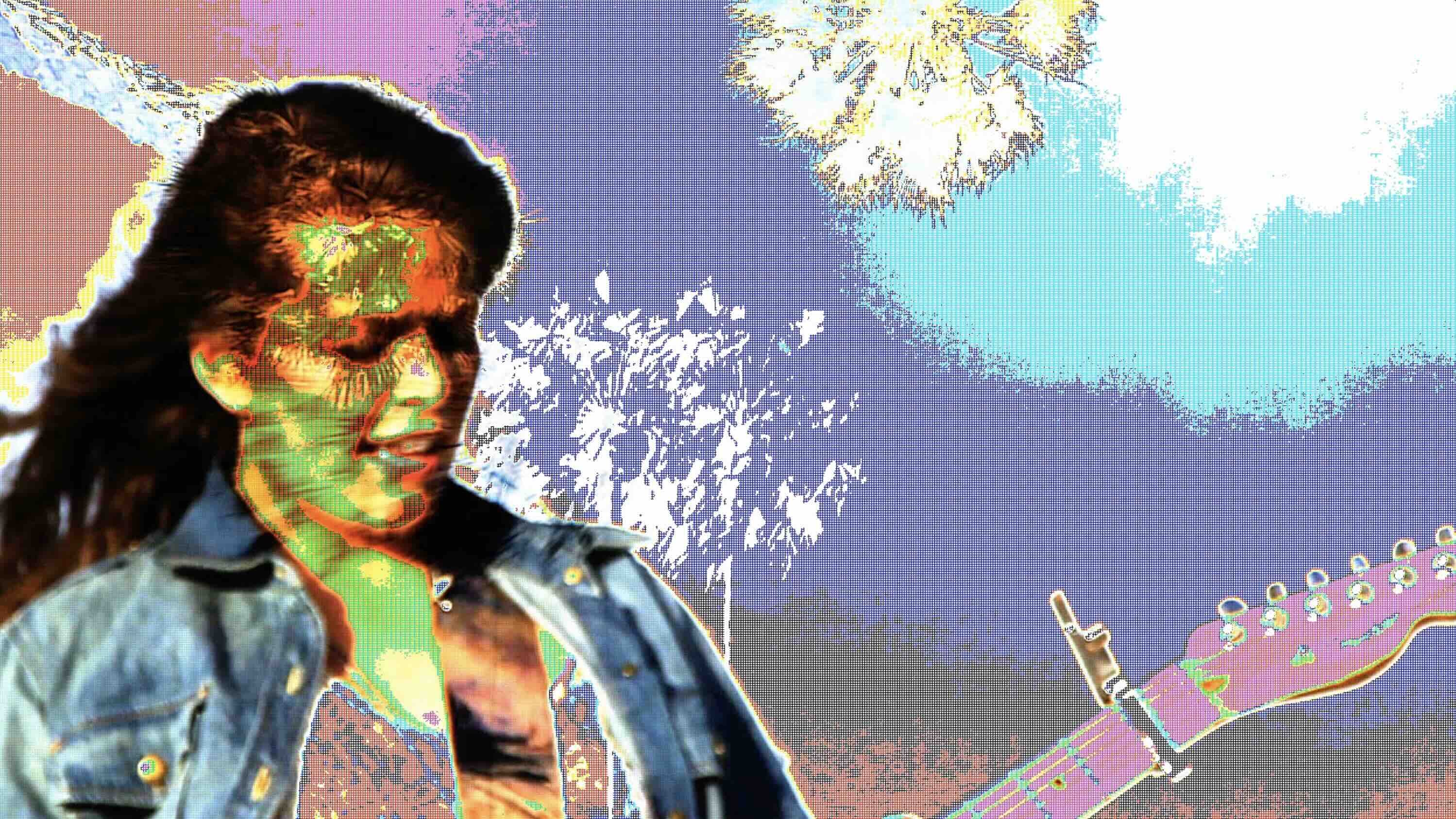 Colorful 80s poster art style of girl playing guitar still image from music video