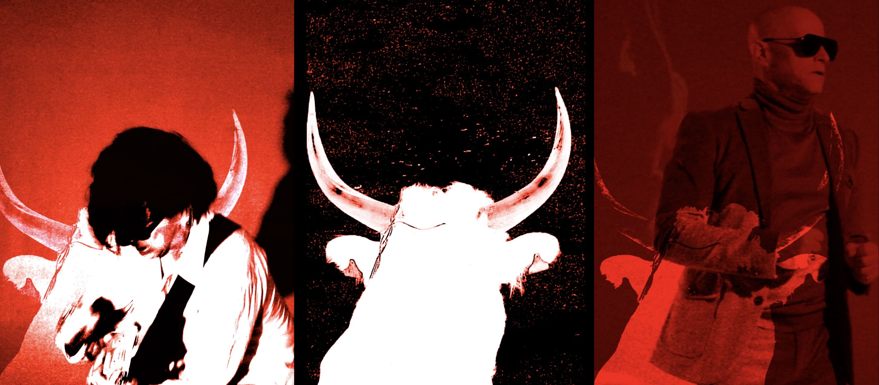 Bold triptych in reds and black silhouetted bull with two musicians overlaid on either side, still from music video
