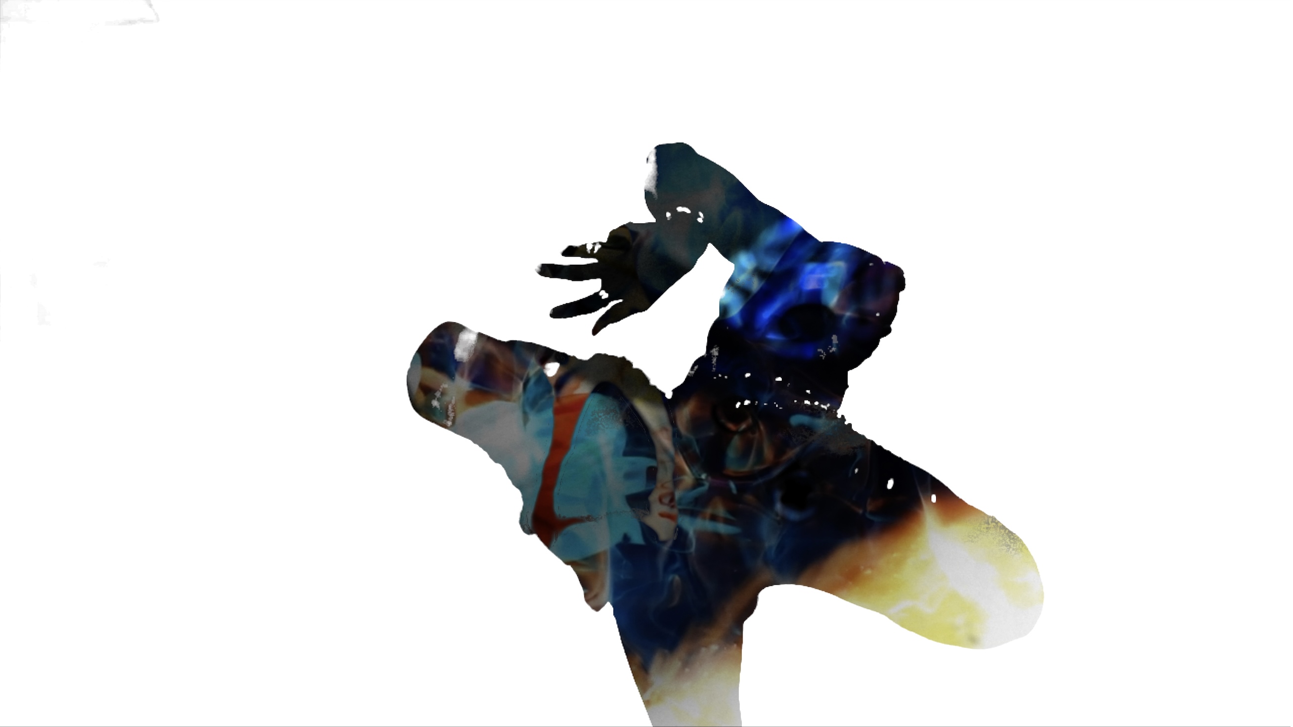 Colorful silhouette of a man kicking against white backdrop still image from music video