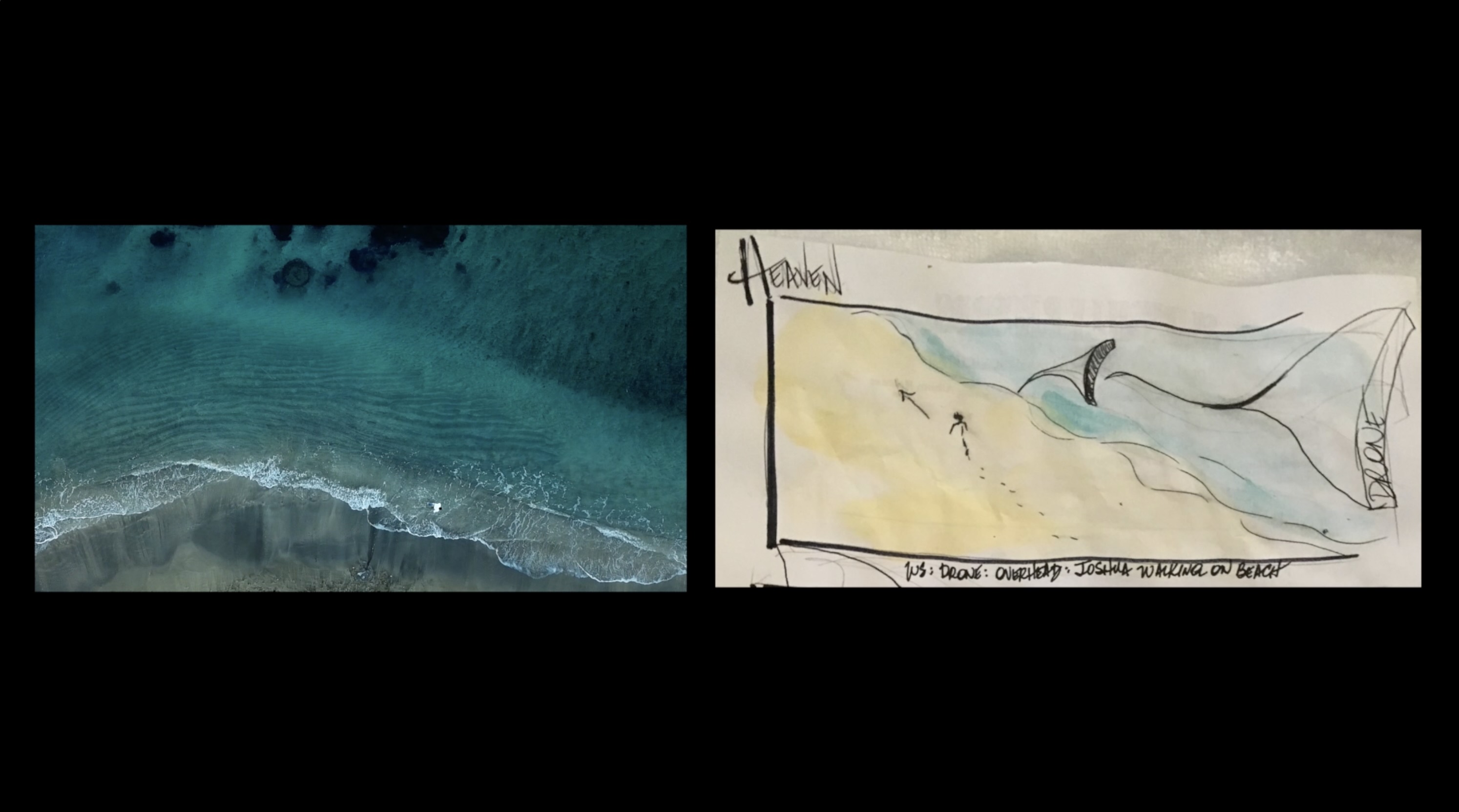 Still image illustration from music video storyboard concept next to corresponding final frame of video