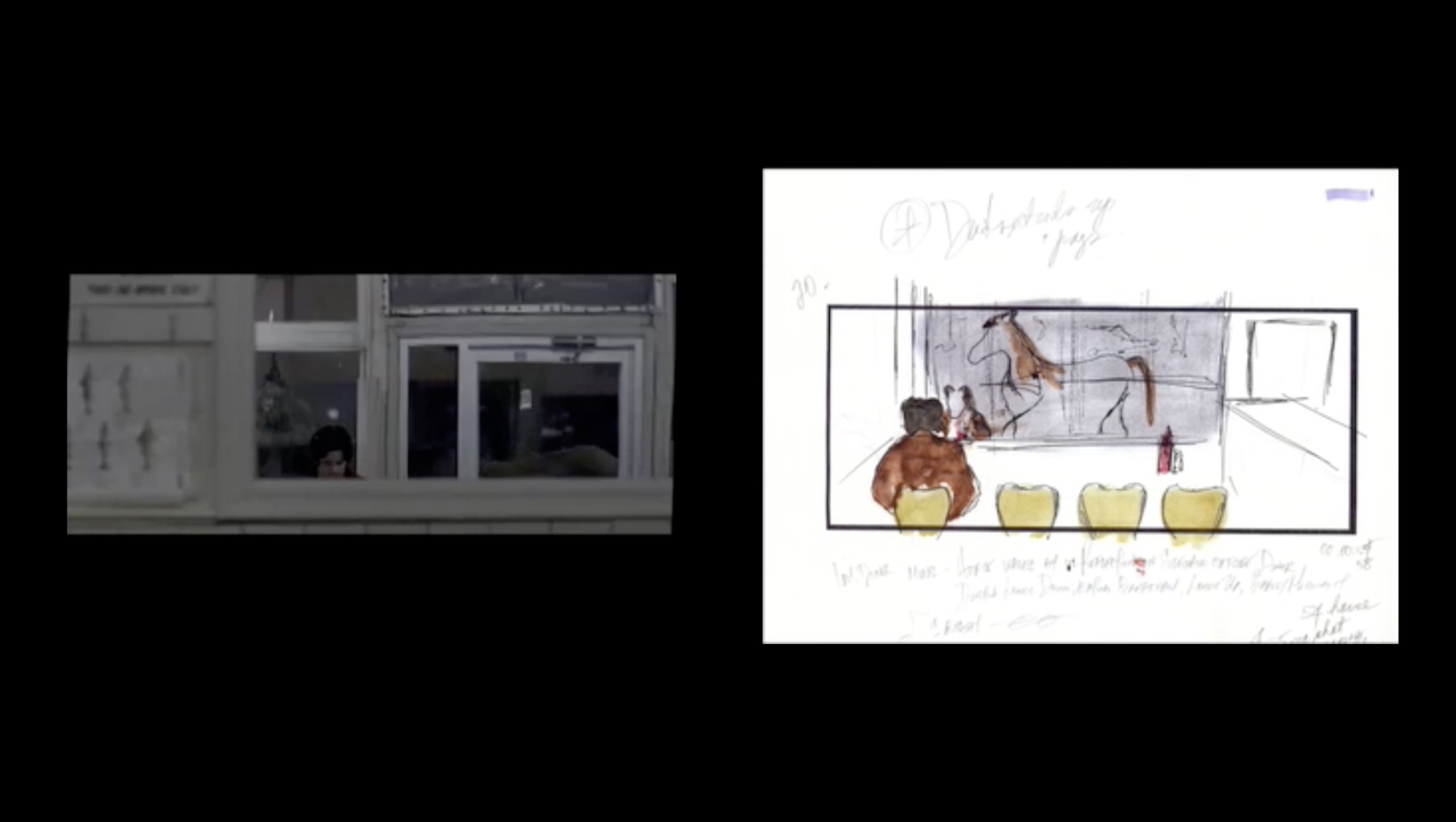 Frame from music video next to corresponding storyboard sketch